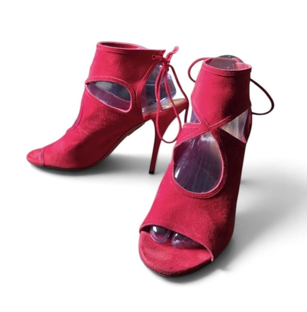 Aquazzura Red Suede Sexy Thing Cutout Ankle Wrap Stiletto Sandals Heels 40 US 10